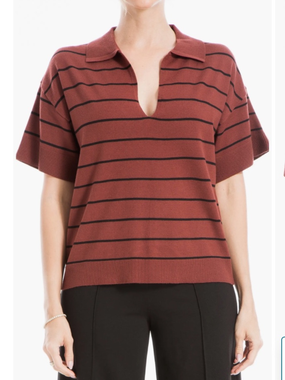 Max Studio Rust and Black Striped Polo V‑Notch Knit Top